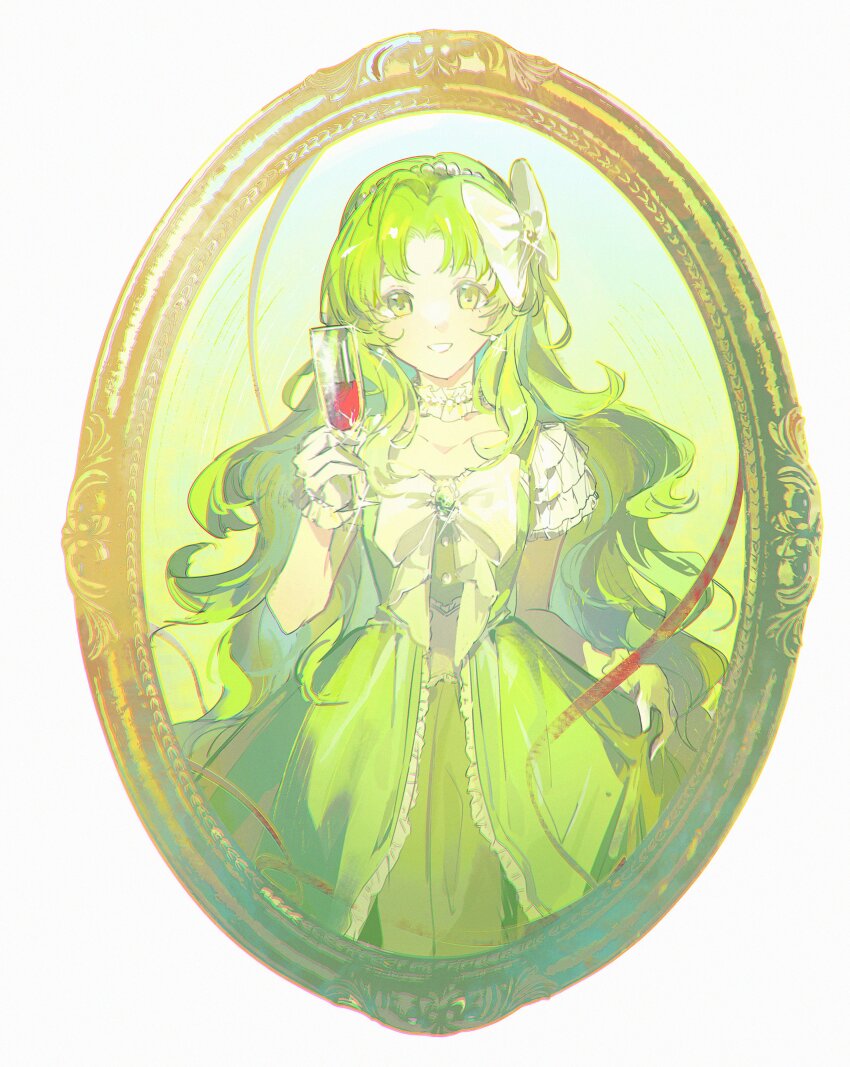 1girl absurdres bow commentary cup curtained_hair dress drinking_glass eien_galaxy_ko eiyuu_densetsu gem green_dress green_gemstone green_hair hajimari_no_kiseki highres holding holding_cup kea_(eiyuu_densetsu) long_hair portrait_(object) smile solo wavy_hair white_bow yellow_eyes