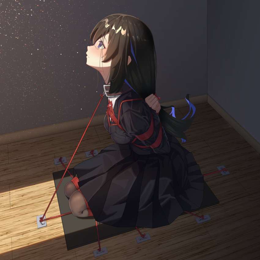 1girl absurdres arms_behind_back bdsm black_hair black_pantyhose blazer blue_eyes blue_hair bondage bound breasts collar collared_shirt full_body highres indoors jacket kneeling long_hair original pantyhose pleated_skirt restrained shibari shibari_over_clothes shirt skirt small_breasts solo usugumori very_long_hair white_shirt