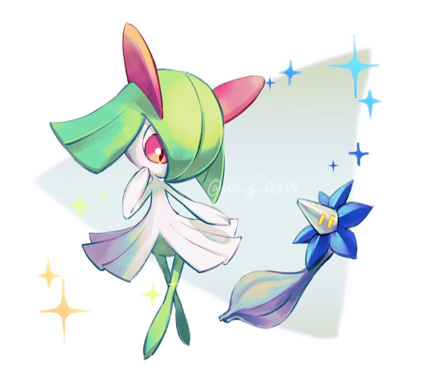 absurdres colored_skin commentary_request crossed_legs game_freak gen_3_pokemon glimmet green_hair hand_up highres kirlia looking_down nintendo no_feet pink_eyes pokemon pokemon_(creature) sparkle standing twitter_username white_skin wing_(wing_0319) yellow_eyes