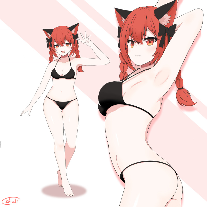 1girl :d absurdres animal_ear_fluff animal_ears arm_behind_head arm_up armpits artist_name bikini black_bikini black_bow bow braid breasts cat_ears cat_girl chiaki_koizumi closed_mouth collarbone commentary_request crossed_bangs fang fang_out hair_between_eyes hair_bow highres kaenbyou_rin long_hair looking_at_viewer medium_breasts multiple_views navel no_tail open_mouth orange_eyes red_hair signature smile swimsuit touhou twin_braids waving