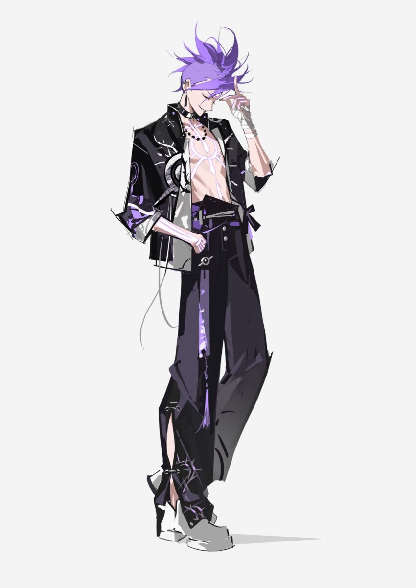 1boy bandaged_hand bandages bead_necklace beads black_choker black_pants black_shirt body_markings choker closed_eyes dragon_boy_(to_be_hero_x) earrings full_body hand_in_pocket highres jewelry male_focus necklace open_clothes open_shirt pants parted_lips print_shirt purple_hair sd2190392804 shirt shoes short_hair smile solo spiked_hair to_be_hero to_be_hero_x white_shoes