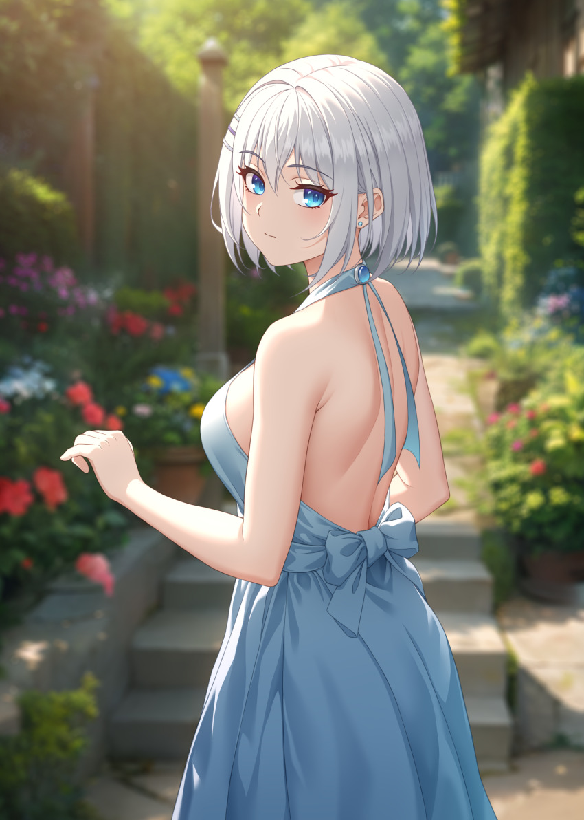 1girl absurdres alternate_costume bare_shoulders blue_dress blue_eyes breasts closed_mouth date_a_live day dress earrings expressionless garden hair_ornament highres jewelry kepico looking_at_viewer medium_breasts outdoors plant potted_plant short_hair solo stairs stone_stairs stud_earrings tobiichi_origami tree white_hair