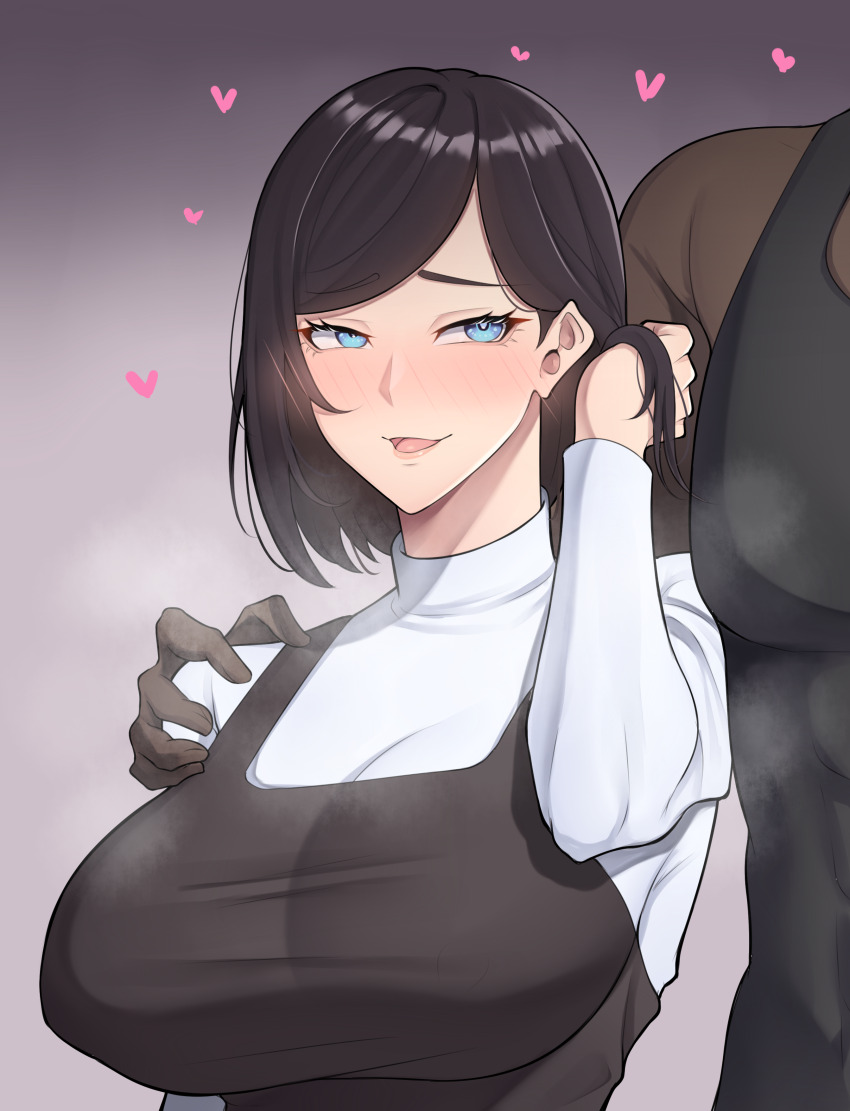1boy 1girl absurdres band-width black_hair black_tank_top blue_eyes breasts dark-skinned_male dark_skin hair_behind_ear hand_on_another&#039;s_shoulder heart highres husband_and_wife large_breasts looking_to_the_side male_hand mature_female medium_hair open_mouth original out_of_frame parted_bangs smile sweater swept_bangs tank_top turtleneck turtleneck_sweater upper_body white_sweater