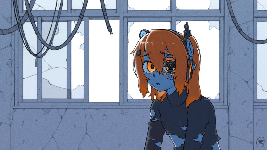 1girl a.i._voice abandoned adachi_rei android artist_logo black_shirt broken_window cable flat_chest headphones highres indoors joints kanbaru_mitsuki logo looking_at_viewer medium_hair microchip missing_eye open_mouth orange_eyes orange_hair raised_eyebrow robot_joints shirt side_ponytail solo torn_clothes torn_shirt upper_body utau