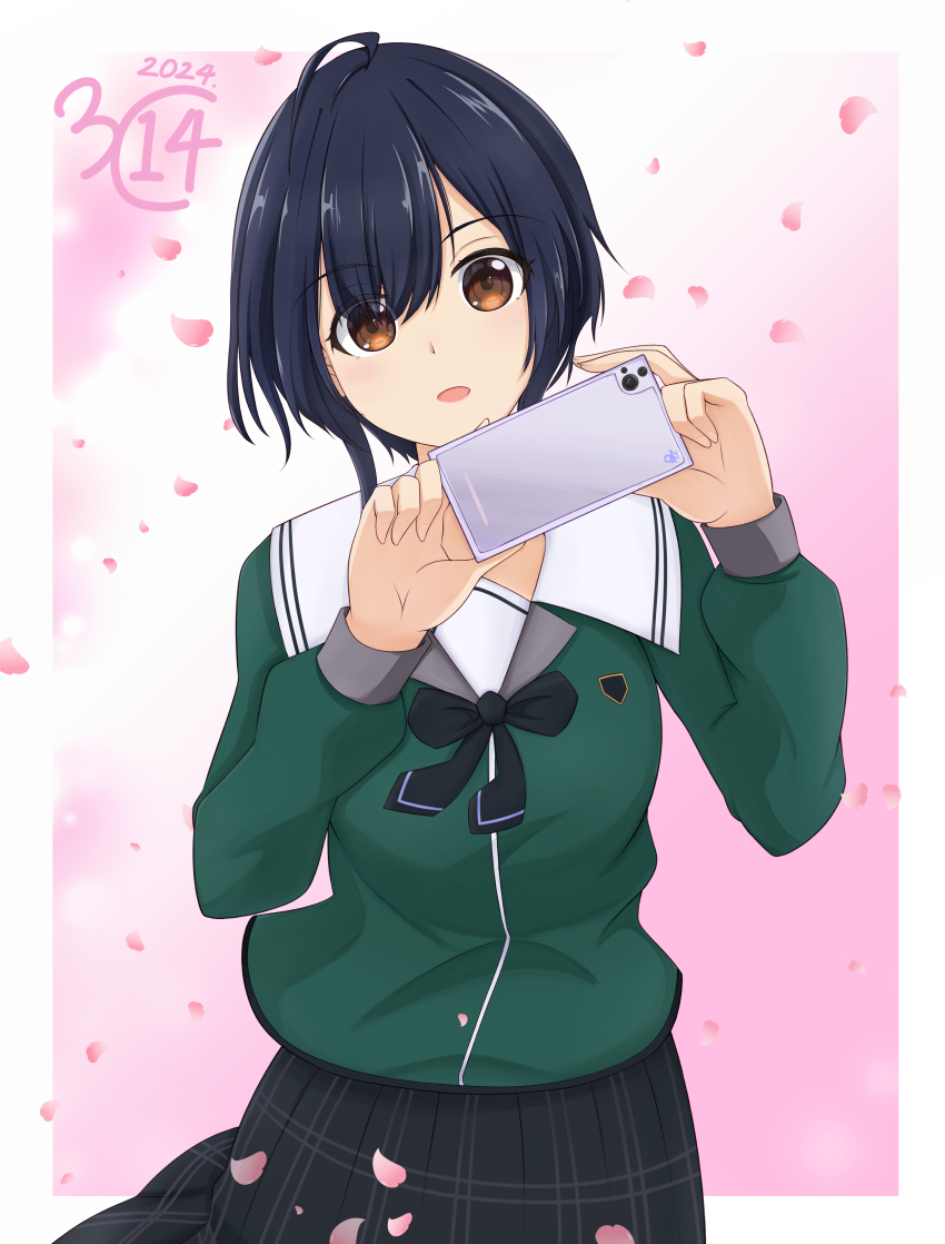 1girl 22/7 absurdres ahoge black_bow black_bowtie black_skirt blue_hair border bow bowtie brown_eyes cellphone cowboy_shot dark_blue_hair dated falling_petals green_shirt highres holding holding_phone long_sleeves looking_at_viewer open_mouth outside_border petals phone pink_background pink_petals plaid_clothes plaid_skirt pleated_skirt rokubanchou_school_uniform sailor_collar school_emblem school_uniform serafuku shirt short_hair skirt smartphone solo standing takigawa_miu takumitu_711 wavy_hair white_border white_sailor_collar winter_uniform