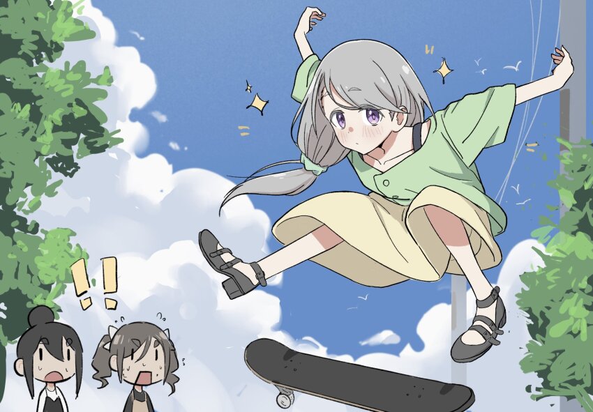 ! !! 3girls amamiya_satsuki_(mono) black_hair black_shoes green_shirt grey_hair highres jumping kiriyama_an long_hair looking_at_viewer low-tied_long_hair mono_(afro) multiple_girls open_mouth outdoors purple_eyes shikishima_sakurako shirt shoes short_eyebrows skateboard skateboarding skirt sky sparkle sweat thick_eyebrows tree tyler_koh yellow_skirt