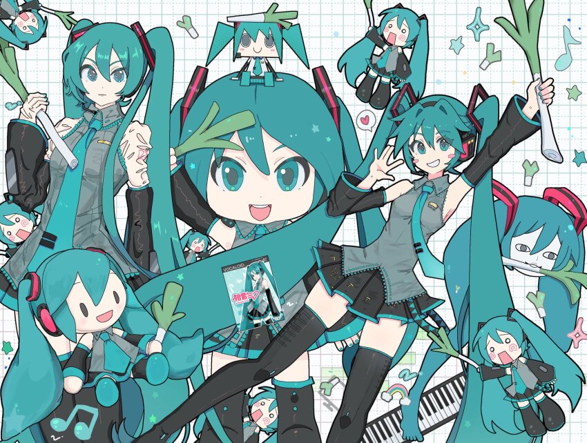 1girl aqua_eyes aqua_hair aqua_nails aqua_necktie black_boots black_skirt black_sleeves blush_stickers boots character_doll closed_mouth collared_shirt commentary detached_sleeves food grey_shirt hachune_miku hair_between_eyes hatsune_miku headset highres holding holding_food holding_spring_onion holding_vegetable long_hair looking_at_viewer mikudayo minazuki_(minaduki_0318) multiple_views musical_note nail_polish necktie o_o open_mouth shirt shiteyan&#039;yo skirt sleeveless sleeveless_shirt spring_onion thigh_boots twintails vegetable very_long_hair vocaloid