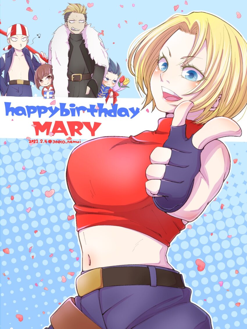 1girl 4boys billy_kane blonde_hair blue_eyes blue_mary crop_top fatal_fury fingerless_gloves gift gloves happy_birthday highres jin_chonrei jin_chonshu jinko_nemui multiple_boys petals smile yamazaki_ryuuji