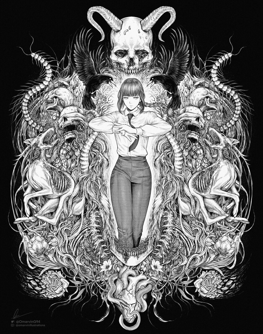 1girl absurdres bird bird_wings black_background black_feathers black_wings braid bug centipede chainsaw_man collared_shirt covered_eyes crow demon_horns disintegration dog eyeball feathers floating_hair flower greyscale heart_(organ) highres horns long_hair looking_at_viewer makima_(chainsaw_man) marvin_(omarvin) monochrome necktie own_hands_together pants plant ribs ringed_eyes rose shirt sidelocks signature single_braid skull solo spine white_shirt wings worm