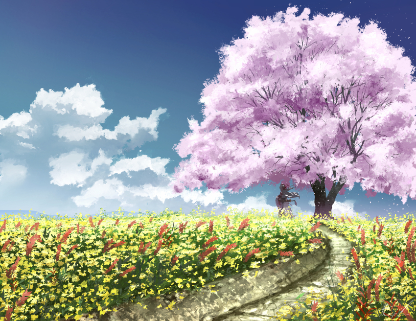 1girl absurdres alternate_hairstyle animal_ears black_skirt blue_sky cherry_blossoms cherry_tree cloud commentary day detached_sleeves english_commentary facing_away falling_petals field floating_hair flower flower_field from_behind full_body grass hat highres inubashiri_momiji landscape large_variant_set long_hair long_skirt nature oubachiago outdoors path petals procreate_(medium) red_ribbon red_trim ribbon road scabbard scenery sheath sheathed shirt signature skirt sky sleeveless sleeveless_shirt solo spring_(season) sword sword_on_back sword_tassel tail tokin_hat touhou variant_set very_wide_shot weapon weapon_on_back white_hair white_shirt white_tail wide_sleeves wolf_ears wolf_girl wolf_tail