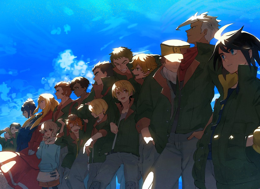 3girls 6+boys akihiro_altland atra_mixta bad_id bad_pixiv_id biscuit_griffon black_hair blonde_hair blue_eyes brown_hair chad_chadan dante_mogro dark_skin dark-skinned_male eugene_sevenstark closed_eyes fumitan_admoss glasses grin gundam gundam_tekketsu_no_orphans hat highres kazu_(honoburo) kudelia_aina_bernstein long_hair mikazuki_augus multiple_boys multiple_girls nadi_yukinojou_kassapa norba_shino orga_itsuka ponytail purple_eyes red_eyes ride_mass scar short_hair smile takaki_uno white_hair yamagi_gilmerton yellow_eyes