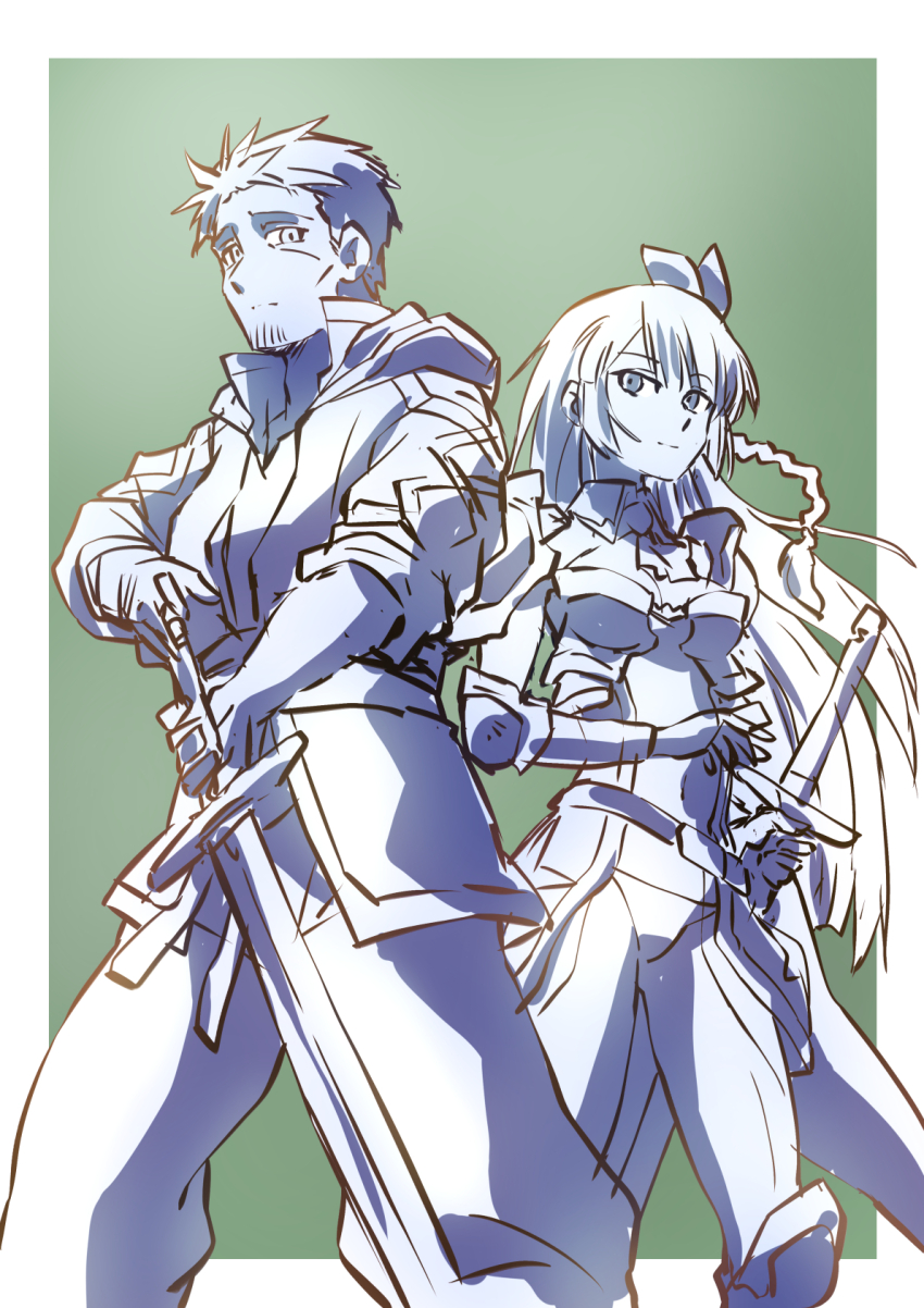 1boy 1girl allucia_citrus armor beryl_gardernant braid facial_hair highres holding holding_sword holding_weapon katainaka_no_ossan_kensei_ni_naru long_hair mature_male monochrome pants ribbon shirt short_hair sword taiga_hiroyuki weapon