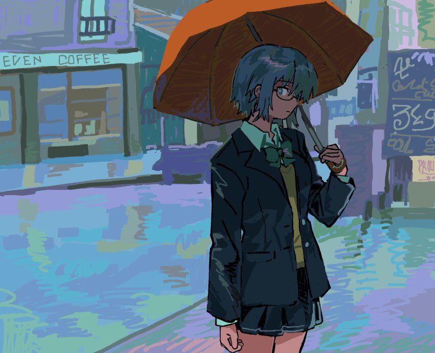1girl aoymkyo black_skirt blazer blue_eyes blue_hair blue_jacket bow ciel_(tsukihime) closed_mouth collared_shirt glasses green_bow highres jacket long_sleeves looking_at_viewer oil-paper_umbrella pleated_skirt rain red_umbrella school_uniform semi-rimless_eyewear shirt short_hair skirt solo sweater_vest town tsukihime tsukihime_(remake) umbrella vest yellow_vest