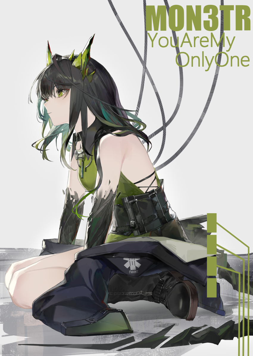 1girl absurdres ahoge aqua_hair arknights bare_shoulders black_boots black_hair black_jacket boots character_name closed_mouth clothes_down english_text feijiu from_side green_eyes green_hair grey_background highres huge_ahoge jacket knee_boots looking_ahead material_growth medium_hair mon3tr_(arknights) multicolored_hair oripathy_lesion_(arknights) profile sitting solo wariza