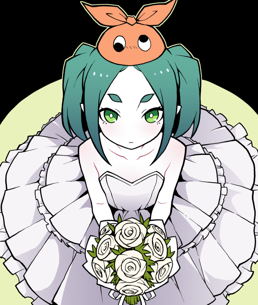 1girl akableak aqua_hair bare_shoulders black_background bouquet breasts bright_pupils closed_mouth collarbone dress expressionless flower frilled_dress frills from_above googly_eyes green_background green_eyes green_outline hat high_contrast highres hikimayu holding holding_bouquet holding_flower looking_at_viewer looking_up medium_hair monogatari_(series) ononoki_yotsugi orange_hat outline pale_skin parted_bangs pleated_dress rose short_eyebrows sidelocks sleeveless sleeveless_dress small_breasts solo spotlight strapless strapless_dress thick_eyebrows twintails wedding_dress white_flower white_pupils white_rose
