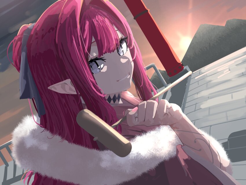 1girl baobhan_sith_(fate) fate/grand_order fate_(series) fur_scarf grey_eyes hair_ribbon hand_up highres japanese_clothes kimono long_hair looking_at_viewer niwaikanai pink_hair pink_kimono pointy_ears ponytail ribbon sidelocks smile solo sunset upper_body wide_sleeves