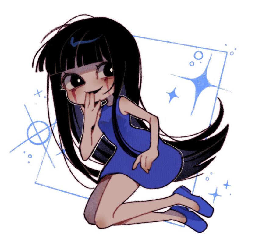 1girl black_eyes black_hair blood bloody_tears blue_dress commentary_request dress homicipher korean_commentary long_hair looking_at_viewer ms._blue-clad sweeeet_him very_long_hair white_background
