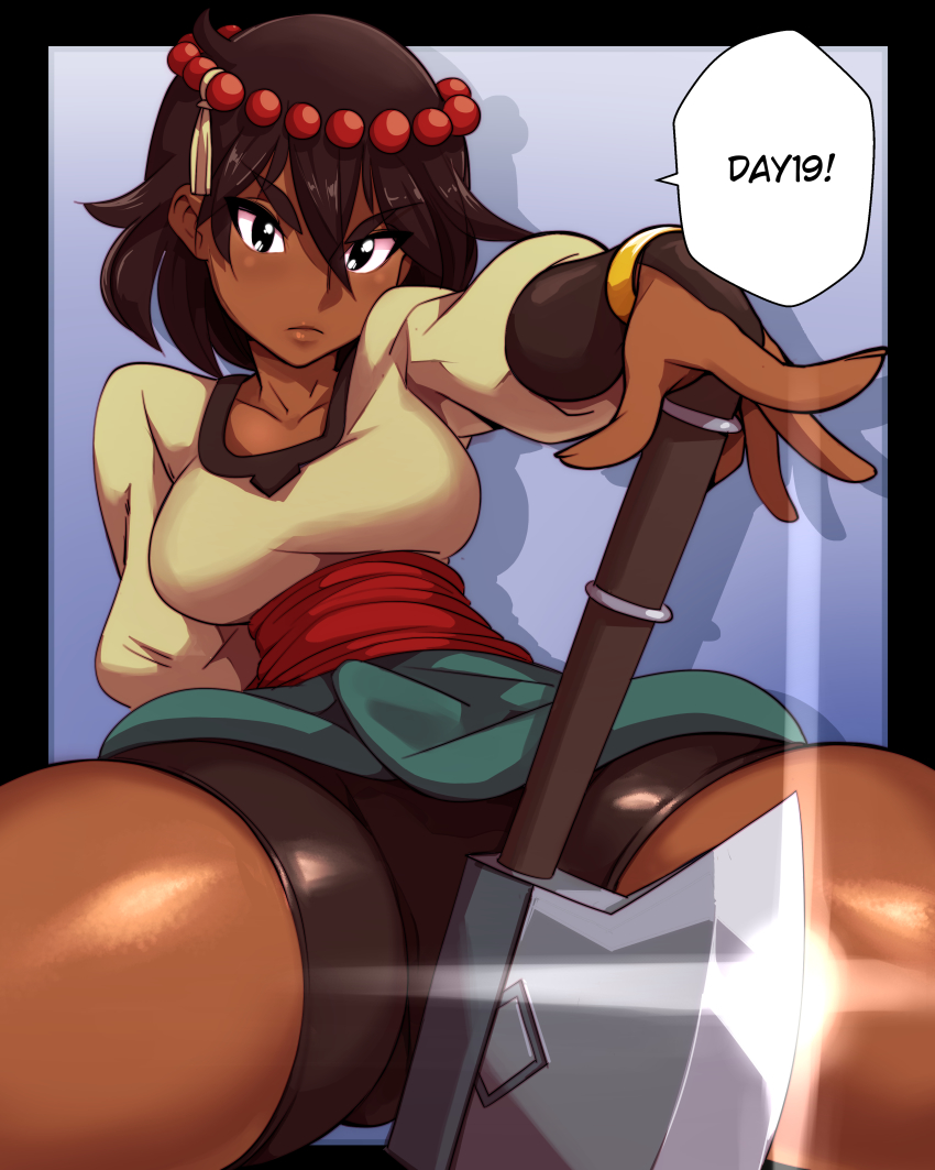 1girl absurdres ajna_(indivisible) axe beads between_legs bike_shorts blue_background border bridal_gauntlets brown_hair cheeso_art dark-skinned_female dark_skin female_focus headwear_request highres holding indivisible looking_at_viewer nisego sarong sash sitting skindentation solo speech_bubble thick_thighs thighs