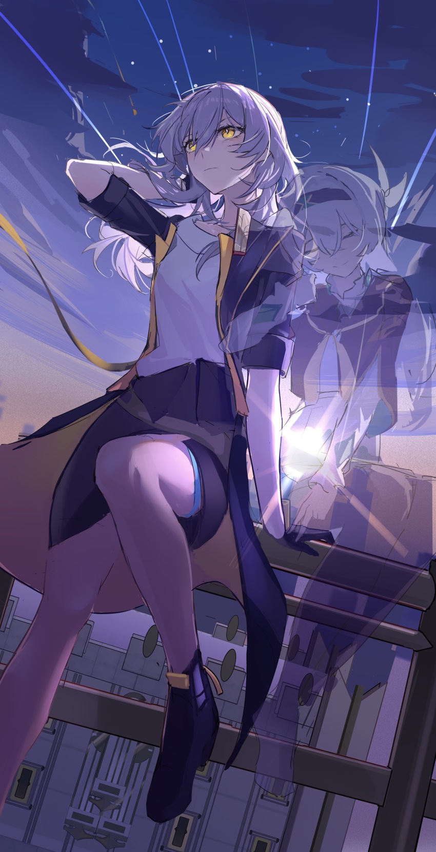 2girls absurdres against_railing arm_up bare_legs black_footwear black_gloves black_headband black_jacket chinese_commentary closed_eyes closed_mouth cloud cloudy_sky commentary_request couple firefly_(honkai:_star_rail) frilled_sleeves frills gloves grey_hair hair_between_eyes head_tilt headband highres honkai:_star_rail honkai_(series) jacket knee_up leaning_back light_smile long_hair long_sleeves looking_to_the_side looking_up multiple_girls night night_sky open_clothes open_jacket outdoors railing refa see-through_clothes shirt shooting_star side_slit sitting skirt sky sleeves_rolled_up standing standing_on_one_leg star_(sky) stelle_(honkai:_star_rail) trailblazer_(honkai:_star_rail) v white_shirt yellow_eyes yuri