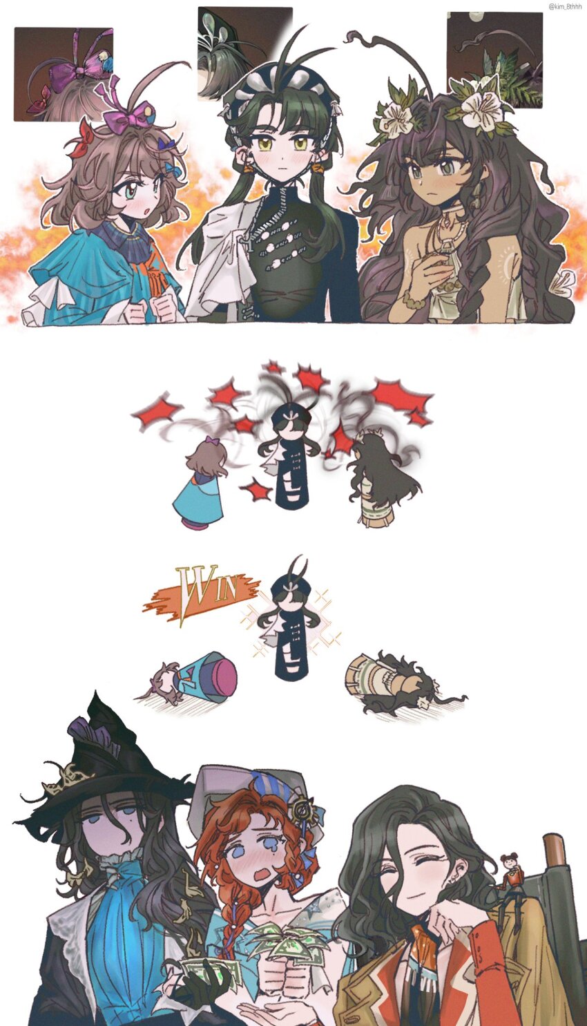 6+girls :o ^_^ ahoge antenna_hair banknote barcarola_(reverse:1999) beret black_cape black_dress black_gloves black_hair black_hat black_neckerchief blue_dress blue_eyes blue_shirt blush bow brown_coat brown_hair cape chin_strap clenched_hands closed_eyes closed_mouth coat coat_on_shoulders dark-skinned_female dark_skin dixie_cup_hat dress fatutu fighting flower flutterpage game_screenshot_inset giving gloves hair_between_eyes hair_bow hair_flower hair_ornament hand_on_own_head hand_up hands_up hat hibiscus highres holding holding_money kim_8thhh leaf_hair_ornament liang_yue_(reverse:1999) long_hair long_sleeves low_twintails lying medium_hair military_hat mole mole_under_eye money multiple_girls neckerchief no_mouth noire_(reverse:1999) open_mouth pink_bow police police_uniform policewoman puppet red_hair red_shirt reverse:1999 shirt short_hair shoulder_tattoo side_cape sleeveless sleeveless_shirt smile tattoo tearing_up twintails upper_body very_long_hair victory wavy_hair wheelchair white_background white_cape white_flower white_hat white_shirt willow_(reverse:1999) witch_hat yellow_eyes