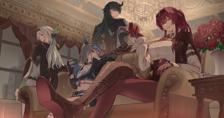 1boy 3girls absurdres asymmetrical_footwear black_boots black_capelet black_gloves black_hair black_hairband black_jacket black_shorts blade_(honkai:_star_rail) boots breasts capelet commentary_request couch crop_top cropped_jacket crossed_legs fingerless_gloves firefly_(honkai:_star_rail) from_below fur-trimmed_jacket fur_trim glasses gloves goggles goggles_on_head gradient_hair green_skirt grey_eyes grey_hair hairband handheld_game_console high-waist_shorts highres holding holding_handheld_game_console honkai:_star_rail honkai_(series) indoors jacket kafka_(honkai:_star_rail) large_breasts long_hair long_sleeves midriff multicolored_hair multiple_girls oiro_ik pantyhose pince-nez ponytail purple_eyes purple_gloves purple_hair purple_pantyhose red_eyes shirt shirt_tucked_in short_shorts shorts silver_wolf_(honkai:_star_rail) single_strap sitting skirt smile stellaron_hunters_(honkai:_star_rail) sunglasses thigh_boots white_shirt window