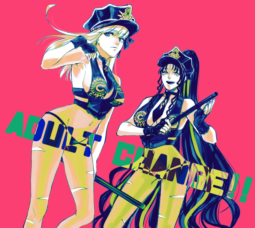 2girls alternate_costume black_hair breasts cosplay facial_mark fate/grand_order fate_(series) forehead_mark fuse_(2sau3) gloves hat kama_(fate) long_hair multiple_girls necktie sesshouin_kiara_(swimsuit_mooncancer)_(cosplay) sessyoin_kiara sessyoin_kiara_(swimsuit_mooncancer)_(second_ascension) simple_background torn_clothes torn_legwear very_long_hair white_hair