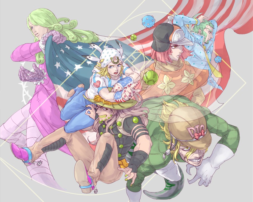 1girl 5boys american_flag ball blonde_hair diego_brando funny_valentine golden_spiral green_shirt gyro_zeppeli hat horseshoe_hat_ornament horseshoe_ornament hot_pants_(sbr) johnny_joestar jojo_no_kimyou_na_bouken miyasemao multiple_boys red_hair shirt steel_ball_run wekapipo