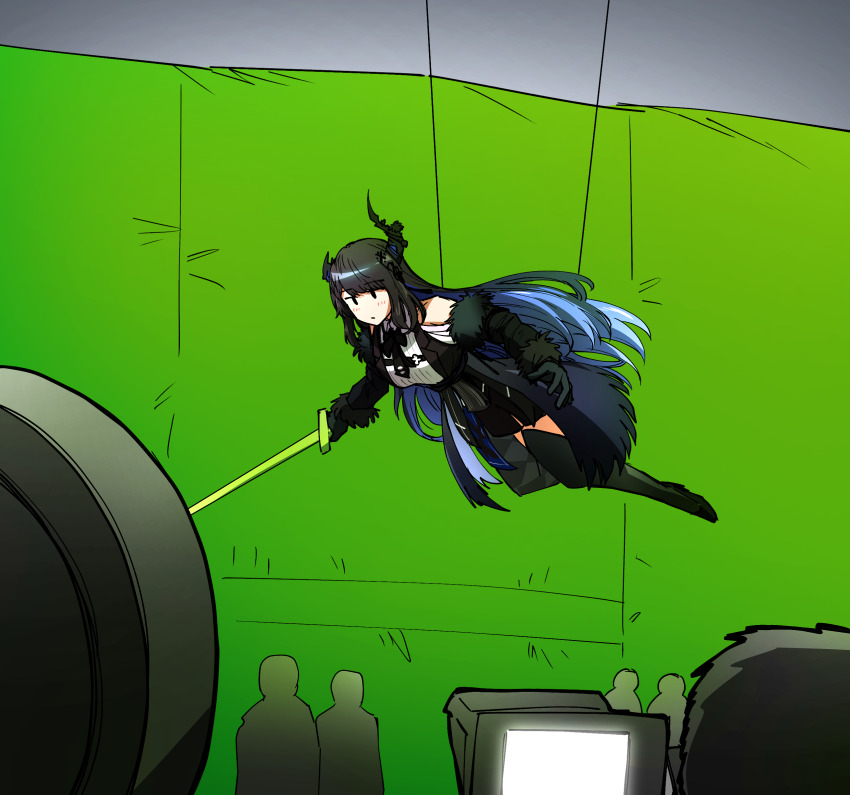 1girl 5others asymmetrical_horns black_gloves black_hair black_horns black_sleeves black_thighhighs black_vest blue_hair closed_mouth colored_inner_hair commentary ddolbang dress_shirt english_commentary fur-trimmed_sleeves fur_trim gloves green_screen highres holding holding_sword holding_weapon hololive hololive_english horns midair multicolored_hair multiple_others nerissa_ravencroft nerissa_ravencroft_(1st_costume) shirt sword thighhighs vest virtual_youtuber weapon white_shirt