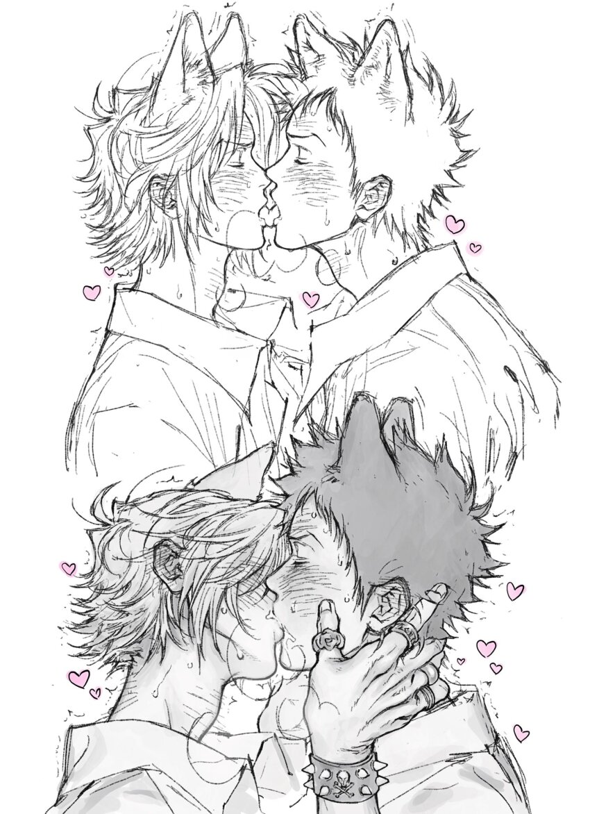 animal_ears blush bracelet gokudera_hayato hand_on_another&#039;s_face heart highres jewelry katekyo_hitman_reborn! kiss male_focus profile ring umkaqryi yamamoto_takeshi