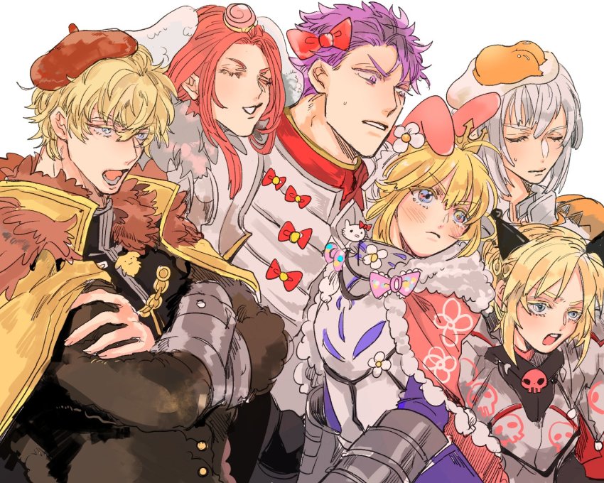 2girls 4boys armor artoria_pendragon_(fate) bedivere_(fate) blonde_hair blue_eyes bow cape cinnamoroll cinnamoroll_(cosplay) closed_eyes cosplay crossed_arms fate/grand_order fate_(series) fur_trim fuwa_fuwa_cinnamoroll gawain_(fate) gudetama gudetama_(cosplay) hello_kitty hello_kitty_(character) hello_kitty_(character)_(cosplay) highres knights_of_the_round_table_(fate) kuromi kuromi_(cosplay) lancelot_(fate/grand_order) mordred_(fate) mordred_(fate/apocrypha) multiple_boys multiple_girls my_melody my_melody_(cosplay) onegai_my_melody open_mouth pink_cape pompompurin pompompurin_(cosplay) red_hair saber_(fate) sanrio silver_hair simple_background tristan_(fate) white_background yellow_cape