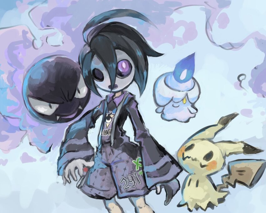 1boy ahoge allister_(pokemon) black_hair collared_shirt commentary gastly gen_1_pokemon gen_5_pokemon gen_7_pokemon gloves litwick long_sleeves male_focus mask mimikyu nintendo poke_ball pokemon pokemon_(creature) pokemon_swsh purple_eyes purple_shorts shirt shorts single_glove standing suspender_shorts suspenders symbol-only_commentary toneko