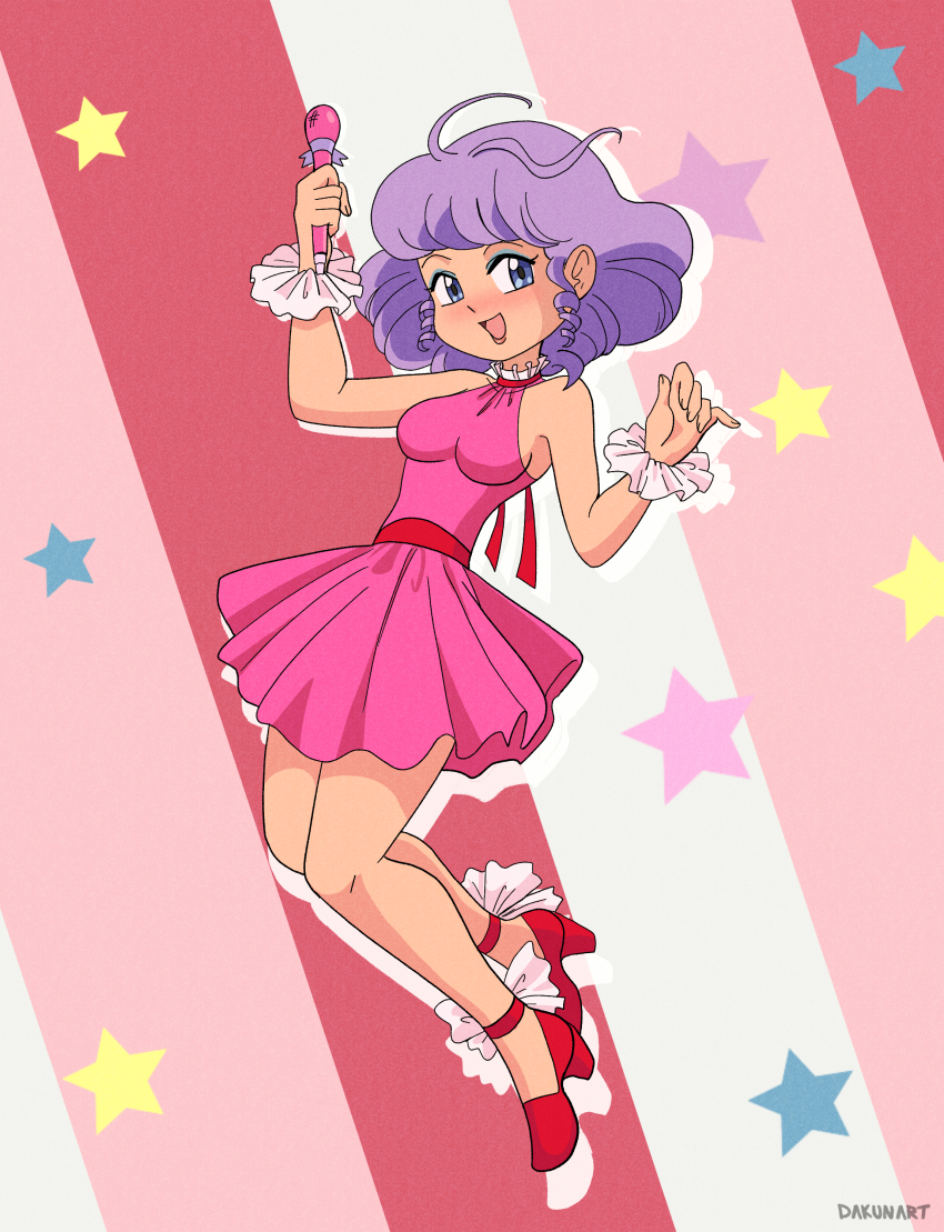 1girl antenna_hair blue_eyes bow breasts commission creamy_mami dakunart dress eyeshadow floating footwear_bow high_heels holding holding_microphone idol looking_at_viewer mahou_no_tenshi_creamy_mami makeup microphone open_mouth pink_background pink_dress purple_hair red_background red_ribbon red_shoes ribbon ringlets shoes short_hair sleeveless sleeveless_dress small_breasts smile star_(symbol) star_symbol_background striped_background white_background white_bow wrist_cuffs