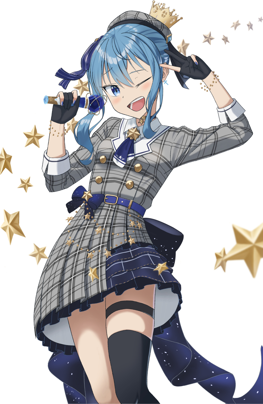 absurdres ascot asymmetrical_legwear belt beret blue_ascot blue_belt blue_choker blue_hair blue_nails bracelet choker crown cupt3277 gloves grey_hat hat highres hololive hoshimachi_suisei hoshimachi_suisei_(1st_costume) jacket jewelry mini_crown partially_fingerless_gloves plaid_clothes plaid_hat plaid_jacket star_(symbol) star_bracelet star_choker star_symbol_background virtual_youtuber white_background white_sleeve_cuffs