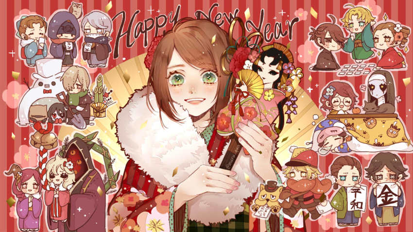 6+boys 6+girls aesop_carl andrew_kreiss ann_(identity_v) bell bird black_hair blonde_hair bow braid brown_hair cat dog dress drill_hair eli_clark emily_dyer emma_woods emuru_(mushroom379) facial_mark facing_viewer fiona_gilman floral_print flower food fruit galatea_(identity_v) glasses green_eyes hair_bun hair_flower hair_ornament hand_fan haori hastur_(identity_v) hat helena_adams hood identi identity_v igloo japanese_clothes kimono kotatsu letter long_hair looking_at_viewer luca_balsa martha_behamfil mask michiko_(identity_v) mike_morton multiple_boys multiple_girls naib_subedar new_year norton_campbell nun orange_(fruit) owl paw_print paw_print_pattern pink_dress plaid ponytail red_dress red_hair ribbon robbie_(identity_v) scar scar_on_face scarf short_hair shovel single_hair_bun smile snow_shelter snowman sparkle striped_background table victor_grantz william_ellis yidhra yukata