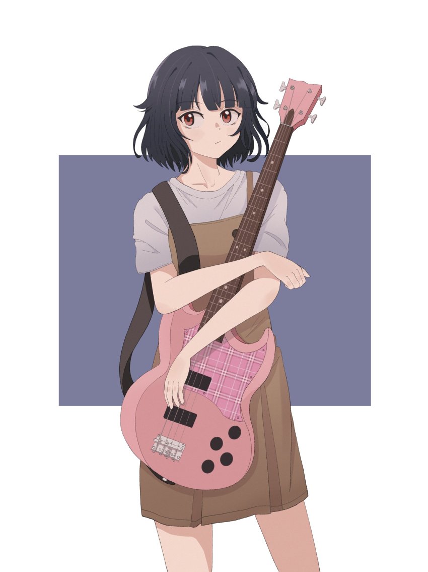 1girl bad_id bad_pixiv_id bang_dream! bass_guitar black_hair brown_dress cowboy_shot dress expressionless grey_shirt highres instrument plaid print_guitar red_eyes shirt short_hair solo ushigome_rimi yasou0049