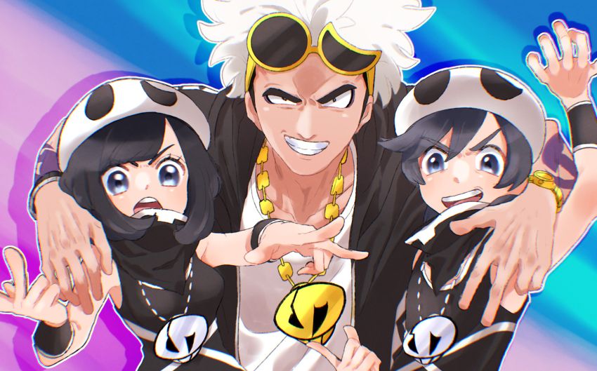 1girl 2boys aria_pkmn arm_tattoo black_hair black_hoodie black_shirt blue_eyes chain chain_necklace cosplay elio_(pokemon) eyewear_on_head guzma_(pokemon) hand_gesture highres hood hoodie jewelry multiple_boys necklace nintendo open_mouth pokemon pokemon_sm selene_(pokemon) shirt short_hair sleeveless sleeveless_shirt tattoo team_skull_grunt team_skull_grunt_(cosplay) watch white_hair white_headwear white_shirt wristband wristwatch yellow-framed_eyewear