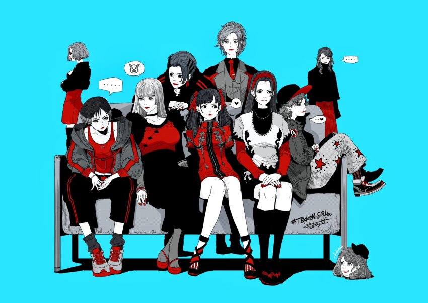 ... 6+girls alisa_boskonovich azucena_milagros_ortiz_castillo baseball_cap blue_background couch crossed_arms disembodied_head dress emilie_de_rochefort hairband hat highres hood hoodie jacket jbstyle kazama_asuka kazama_jun lidia_sobieska ling_xiaoyu mishima_heihachi monochrome multiple_girls necktie nina_williams on_couch reina_(tekken) sandals scar scar_across_eye scar_on_face shoes sitting sneakers speech_bubble spoken_character spoken_ellipsis spot_color tekken tekken_8 twintails zafina