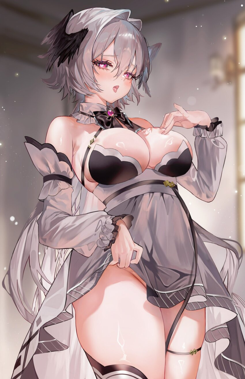 1girl asymmetrical_legwear black_bow black_bowtie black_wings bow bowtie breasts detached_collar detached_sleeves double-parted_bangs dress feathered_wings frilled_sleeves frills grey_dress grey_hair groin hair_between_eyes hair_intakes hand_on_own_chest head_wings heart heart_in_eye highres indie_virtual_youtuber large_breasts long_hair looking_at_viewer open_mouth pink_eyes richamu second-party_source shiny_skin single_thighhigh skirt_hold sleeveless sleeveless_dress solo symbol_in_eye thigh_strap thighhighs tongue tongue_out underbust utsuhostoria very_long_hair virtual_youtuber wings