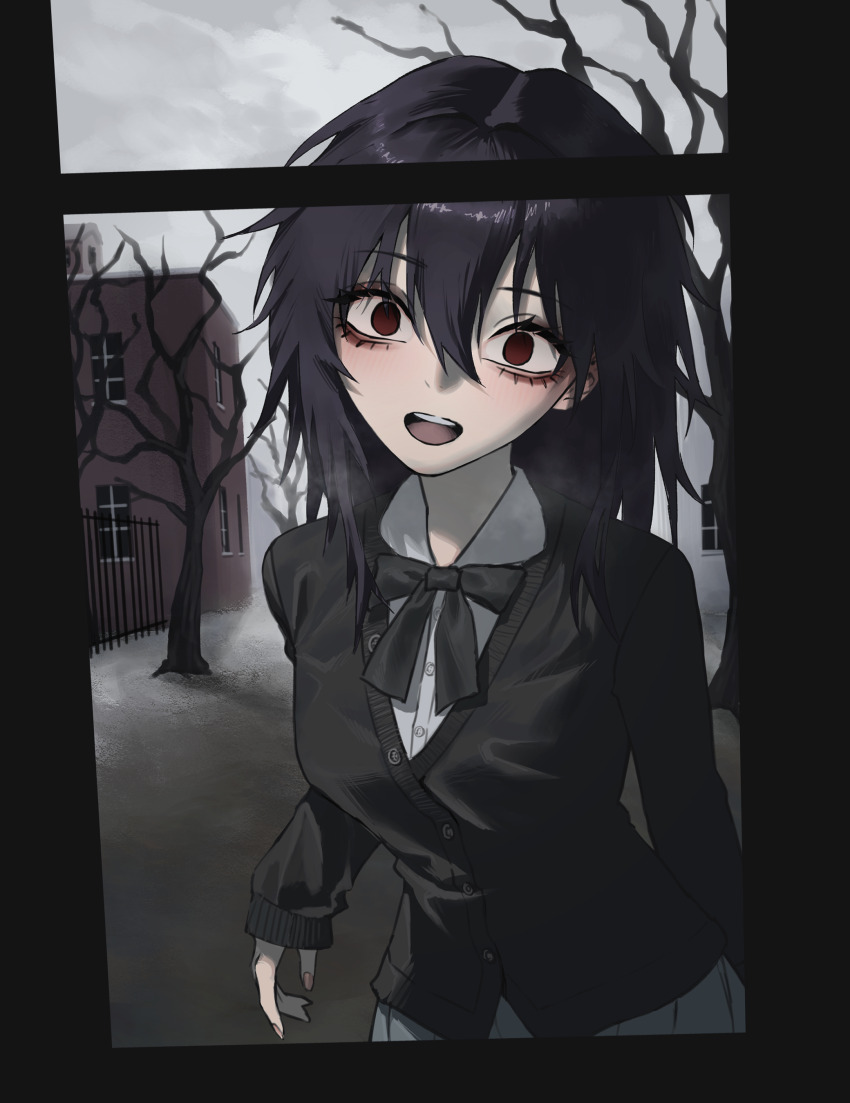 1girl absurdres bags_under_eyes bare_tree black_bow black_bowtie black_cardigan blush bow bowtie breasts building cardigan collared_shirt empty_eyes fence grey_skirt hair_between_eyes highres light_blush long_hair long_sleeves looking_at_viewer medium_breasts messy_hair open_mouth original pleated_skirt purple_hair red_eyes shirt skirt sleeves_past_wrists solo teeth tree tyrezal upper_teeth_only white_shirt window yandere