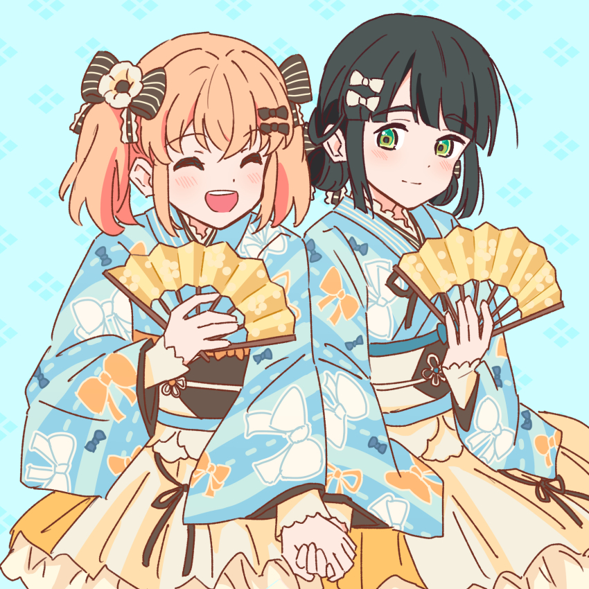 2girls 37.5c_no_fantasy :d ^_^ black_hair black_sash blue_background blue_kimono blunt_bangs blunt_sidelocks bow_print cerise_bouquet closed_eyes commentary double_bun folding_fan green_eyes hair_bun hand_fan highres hinoshita_kaho holding holding_fan holding_hands japanese_clothes kimono kimono_skirt link!_like!_love_live! long_sleeves love_live! medium_hair momose_ginko multiple_girls nogreen obi obiage obijime official_alternate_costume open_mouth orange_hair print_kimono sash sidelocks skirt smile twintails very_low_bun virtual_youtuber white_sash yellow_skirt