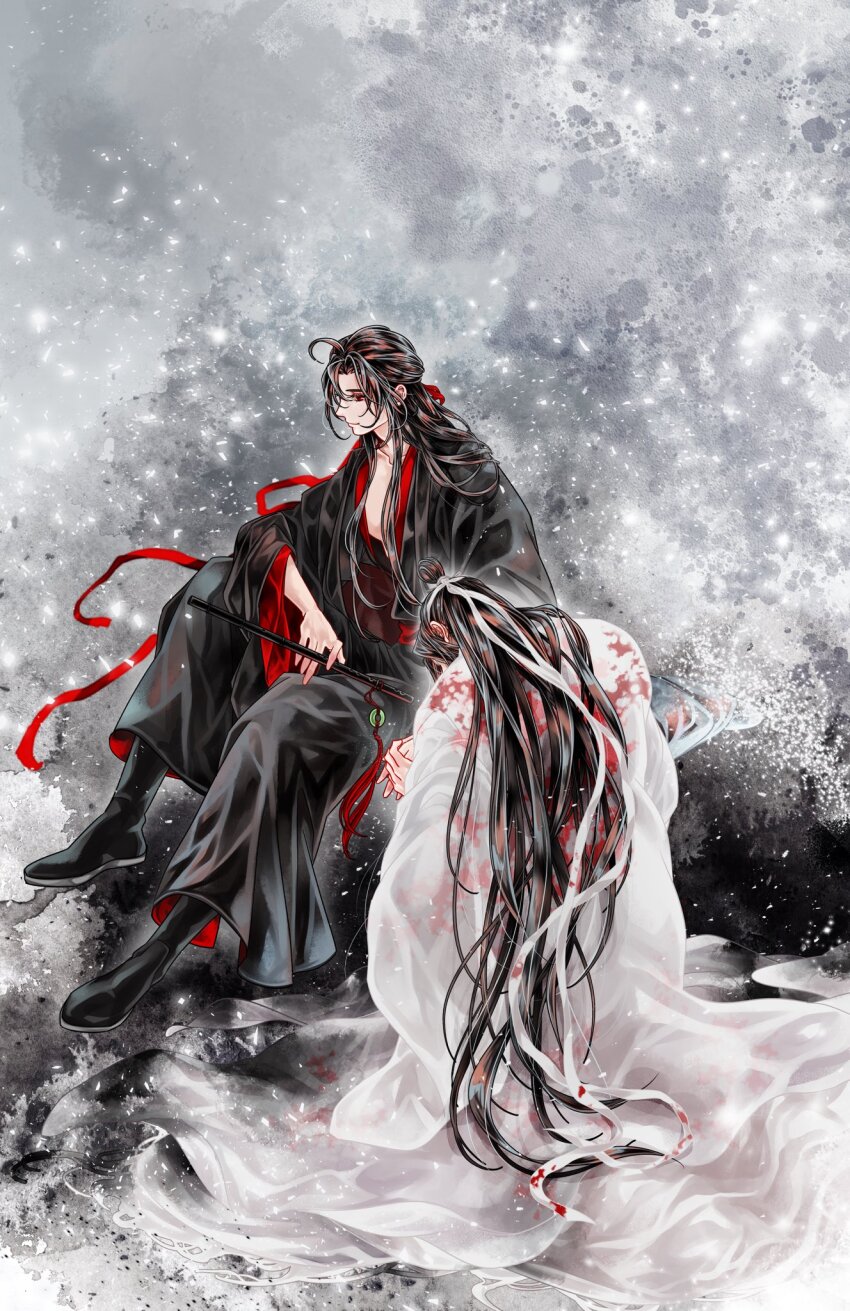 1boy ahoge bbbeyonce099 black_boots black_hair black_hanfu black_robe blood blood_on_clothes boots chinese_clothes dizi flower flute full_body grey_background hair_down hair_ribbon half_updo hanfu highres holding holding_flute holding_instrument implied_yaoi instrument invisible_chair kneeling lan_wangji long_hair long_sleeves looking_down male_focus modao_zushi official_alternate_hairstyle profile red_eyes red_ribbon ribbon robe sash sitting smile snow snowing solo tassel topknot transverse_flute very_long_hair wei_wuxian wei_wuxian_(yiling_laozu) white_hanfu white_ribbon white_robe wide_sleeves
