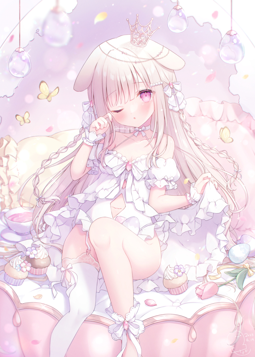1girl :o animal_ears blonde_hair blush braid breasts bug butterfly chain cleavage clothing_cutout collarbone crown cup cupcake dress easter_egg egg flower food frilled_wrist_cuffs frills gold_chain hair_ribbon hanging_light head_chain highres insect jewelry knee_up long_hair looking_at_viewer mini_crown navel navel_cutout off-shoulder_dress off_shoulder omochi_monaka one_eye_closed original parted_lips pink_eyes pink_flower pink_tulip puffy_short_sleeves puffy_sleeves rabbit_ears rabbit_girl ribbon rubbing_eyes saucer short_sleeves single_ankle_cuff single_thighhigh sitting small_breasts solo teacup thighhighs tulip twitter_username very_long_hair white_dress white_ribbon white_thighhighs wrist_cuffs yellow_butterfly