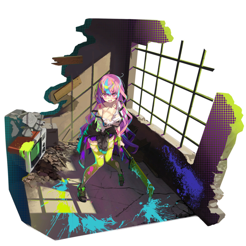 1girl :d blue_hair blush clothes_around_waist full_body game_cg girls&#039;_frontline girls&#039;_frontline_neural_cloud green_hair green_thighhighs highres holding holding_sword holding_weapon jacket jacket_around_waist knees_together_feet_apart looking_at_viewer neon_palette off_shoulder official_alternate_costume official_art onono_imoko open_mouth paint pink_hair puzzle_(neural_cloud) rebar rubble shirt smile solo standing sword television thighhighs third-party_source torn_clothes torn_thighhighs weapon white_shirt