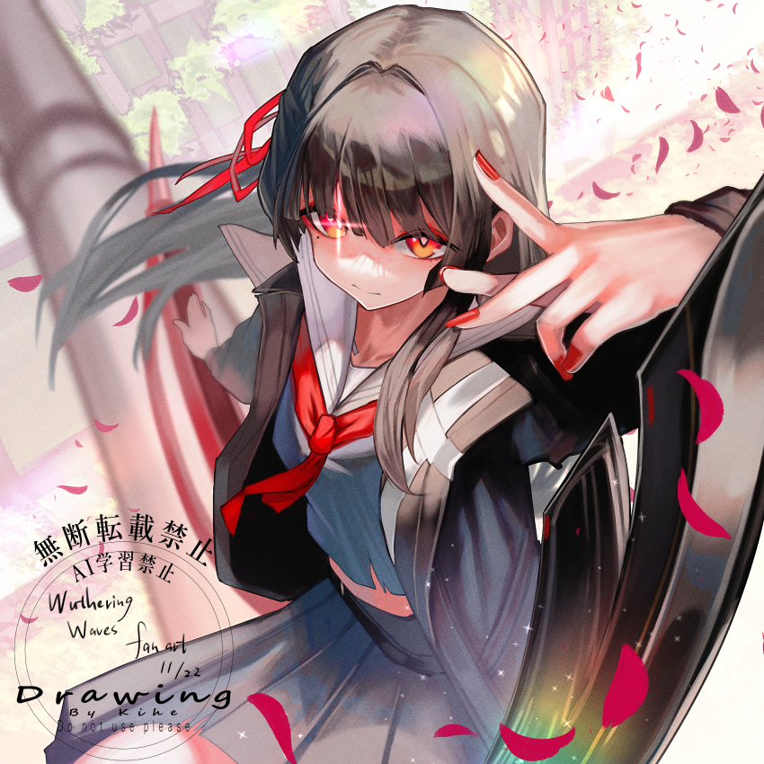 1girl absurdres black_hair black_jacket black_serafuku black_shirt black_skirt chisa_(wuthering_waves) closed_mouth commentary fingernails hair_ribbon hand_up highres jacket kyo_no_neko long_sleeves looking_at_viewer mole mole_under_eye nail_polish neckerchief red_eyes red_nails red_neckerchief red_petals red_ribbon ribbon sailor_collar school_uniform serafuku shirt skirt solo watermark white_sailor_collar wuthering_waves