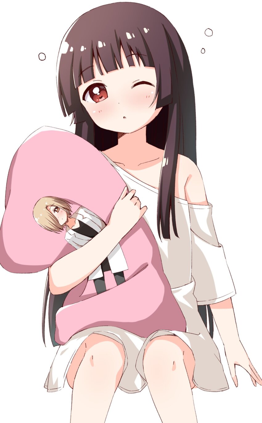 1girl blunt_bangs blunt_ends blush brown_eyes brown_hair collarbone commentary_request dot_nose feet_out_of_frame haru_(konomi_150) highres hugging_object invisible_chair long_hair looking_at_viewer matsumoto_rise nishigaki_nana off_shoulder parted_lips pillow pillow_hug shirt short_sleeves simple_background sitting solo squeans white_background white_shirt yuru_yuri