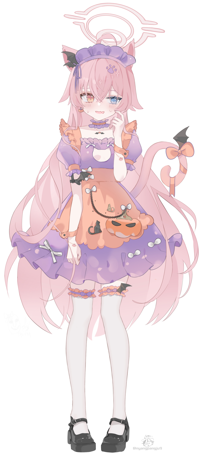 1girl absurdres ahoge alternate_costume animal_ears bat_wings black_shoes blue_archive blue_eyes blush bow cat_cutout cat_ears cat_tail choker clothing_cutout collarbone commentary crossed_bangs dress dress_bow eyebrows_hidden_by_hair eyelashes fake_animal_ears fake_tail fake_wings fang fidgeting frilled_choker frilled_sleeves frilled_thighhighs frills full_body hair_between_eyes halloween halloween_costume halo hand_up heterochromia highres hoshino_(blue_archive) korean_commentary long_hair looking_to_the_side maid_headdress mary_janes nyangpan open_mouth orange_bow orange_dress orange_wrist_cuffs paw_print pink_hair pink_halo puffy_short_sleeves puffy_sleeves purple_choker purple_dress scratching_cheek shoes short_sleeves shy simple_background skin_fang smile solo sparkle standing sweatdrop tail tail_bow tail_ornament tail_raised thighhighs tsurime twitter_username two-tone_dress very_long_hair wavy_mouth white_background white_bow white_thighhighs wings wrist_cuffs yellow_eyes zettai_ryouiki