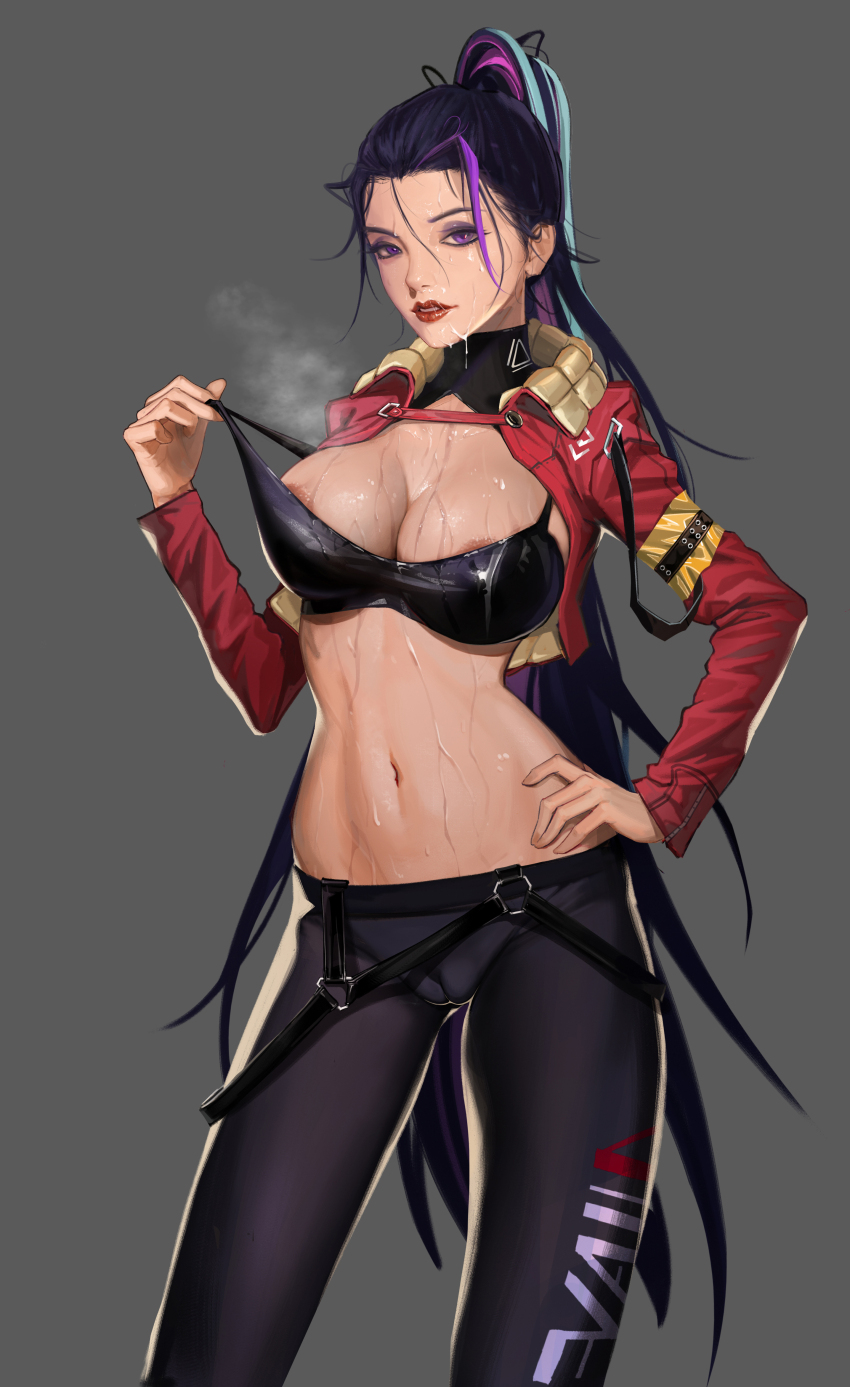 1girl absurdres adjusting_bra adjusting_clothes areola_slip bad_id bad_pixiv_id black_bra black_hair black_pants bra breasts cameltoe chinese_commentary cleavage commentary cowboy_shot cropped_jacket cum cum_on_body detached_collar drizzle_13 eyeshadow facial female_focus grey_background hand_on_own_hip highres jacket large_breasts lips lipstick long_hair long_sleeves looking_at_viewer makeup multicolored_hair navel open_clothes open_jacket original pants parted_lips ponytail purple_eyes red_jacket red_lips simple_background solo standing stomach streaked_hair teeth tight_clothes tight_pants underwear very_long_hair wet