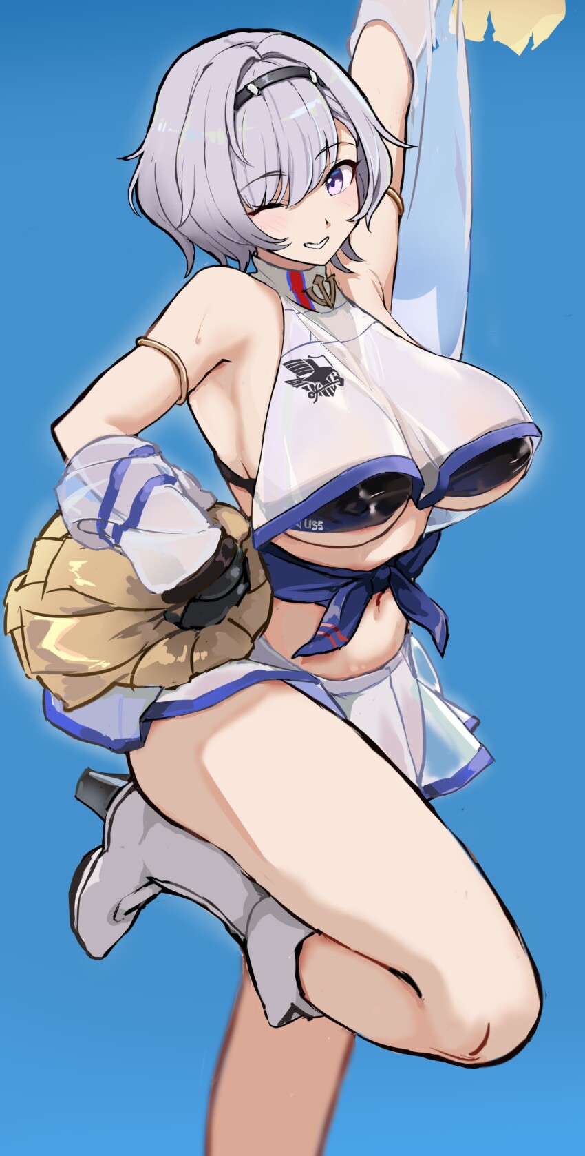 1girl absurdres anchor_symbol arm_strap arm_up azur_lane bare_shoulders black_hairband black_sports_bra blue_background boots breasts cheerleader crop_top eagle_union_(emblem) grey_hair hair_between_eyes hairband high_heel_boots high_heels highres holding holding_pom_poms knee_boots large_breasts light_blush looking_at_viewer navel official_alternate_costume one_eye_closed pom_pom_(cheerleading) pom_poms purple_eyes purple_sash reno_(azur_lane) reno_(biggest_little_cheerleader)_(azur_lane) ry_(mmm_st_bbb2) sash see-through_clothes see-through_shirt see-through_skirt see-through_sleeves shirt short_hair sidelocks simple_background skirt sleeveless smile solo sports_bra standing standing_on_one_leg stomach sweat underboob white_boots white_shirt white_skirt