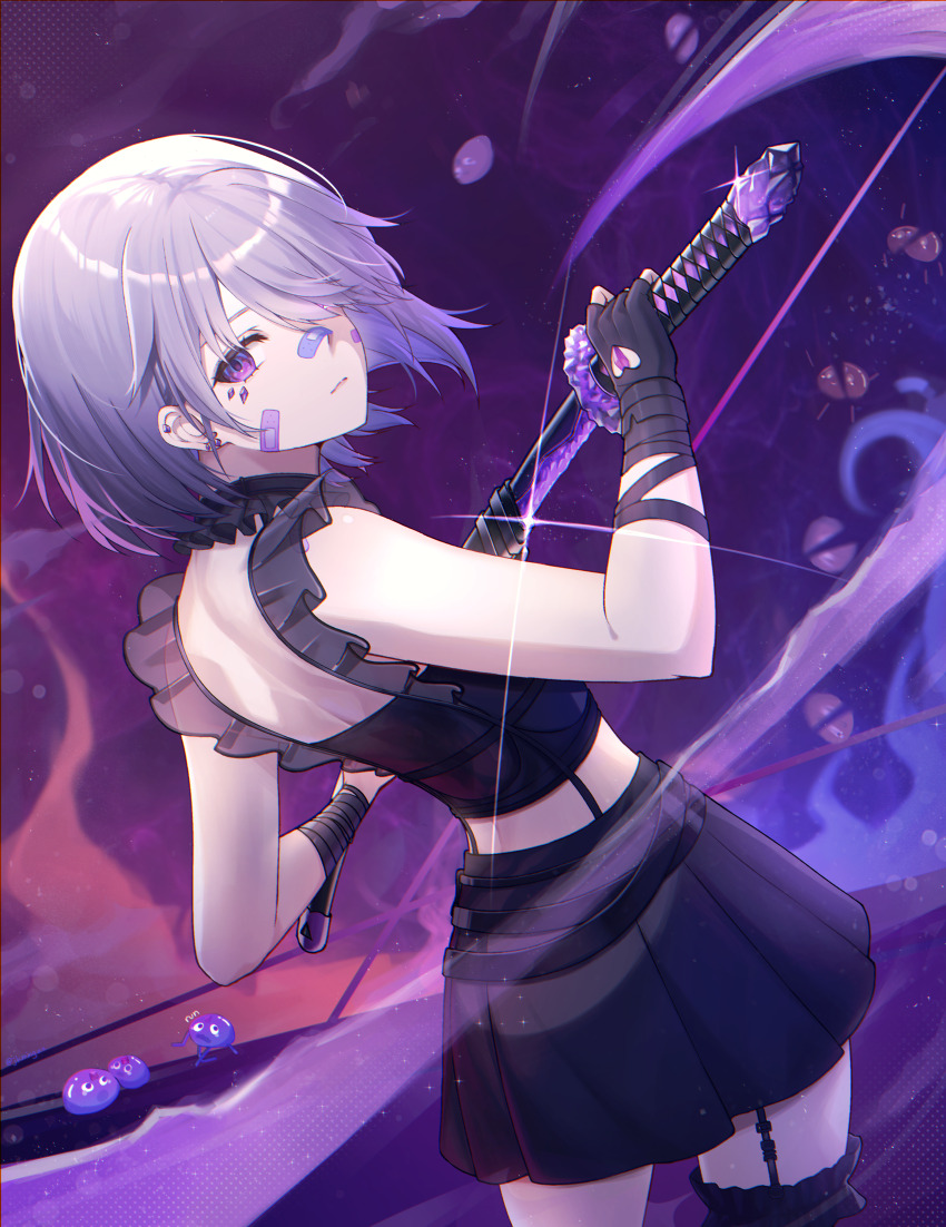 1girl absurdres bandaid bandaid_on_cheek bandaid_on_face bandaid_on_nose black_shirt black_skirt black_thighhighs closed_mouth frilled_shirt frills highres hololive hololive_english jewel_under_eye katana koseki_bijou koseki_bijou_(casual) looking_back pebble purple_eyes shirt single_thighhigh skirt sword thighhighs tomato_(sword) virtual_youtuber weapon zerotsu_0215