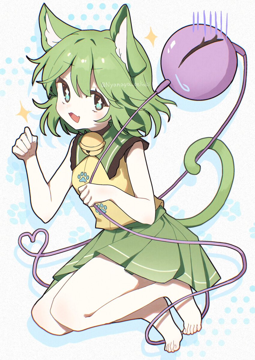 +_+ 1girl animal_ears barefoot cat_ears cat_girl cat_tail commentary full_body green_skirt heart heart_of_string highres koishi_day komeiji_koishi looking_at_viewer no_headwear nyanaya shirt short_hair skirt sleeveless sleeveless_shirt solo star_(symbol) sweatdrop tail third_eye touhou yellow_shirt